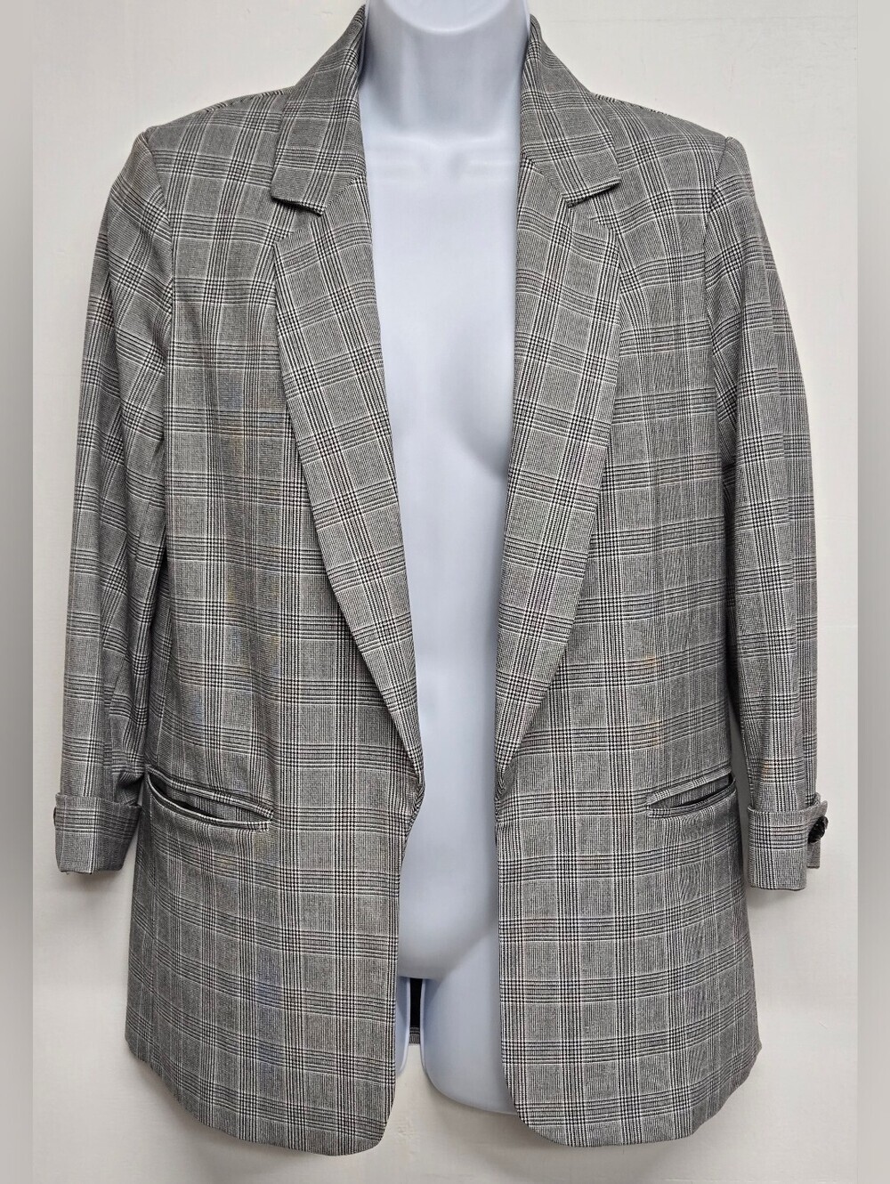 Rachel Zoe S Plaid Blazer Jacket Lapel Open Front Cuffed Sleeve Black White